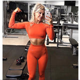 2 Piece Set Seamless Women Yoga Long Sleeve Crop Top High Waist Leggings Sports Running Active Fitness Sportswear Gym Clothing