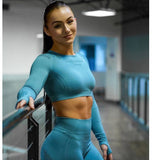2 Piece Set Seamless Women Yoga Long Sleeve Crop Top High Waist Leggings Sports Running Active Fitness Sportswear Gym Clothing