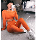 2 Piece Set Seamless Women Yoga Long Sleeve Crop Top High Waist Leggings Sports Running Active Fitness Sportswear Gym Clothing