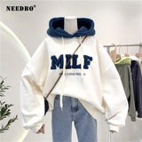 NEEDBO MILF Hoodies Women's Sweatshirts Letter Print Lamb Wool Pullovers Loose Korean Style Jacket Full Sleeve Casual Tops 2021